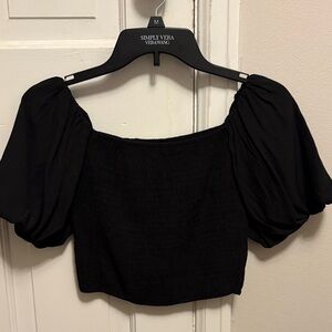 Black Smocked Puff Sleeve Blouse